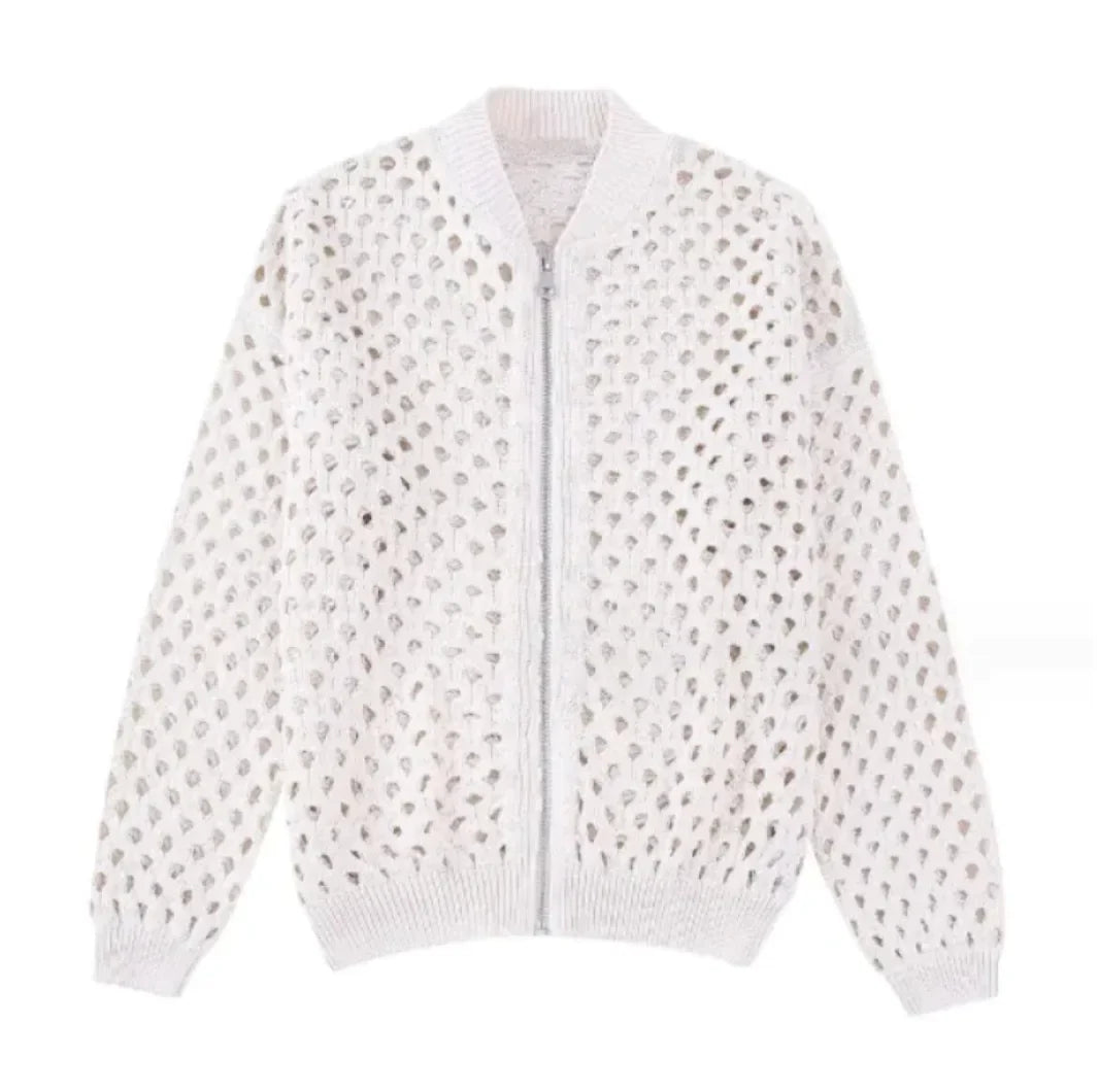Open Knit Zip-Up Bomber Jacket