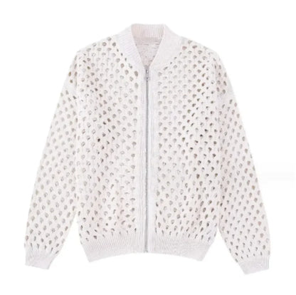 Open Knit Zip-Up Bomber Jacket