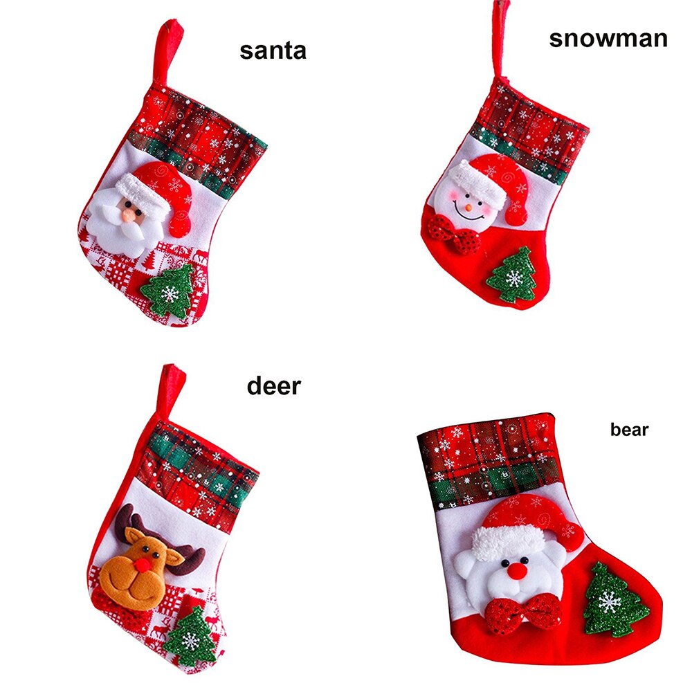 Four Christmas stockings with Santa, snowman, deer, and bear designs on a white background.