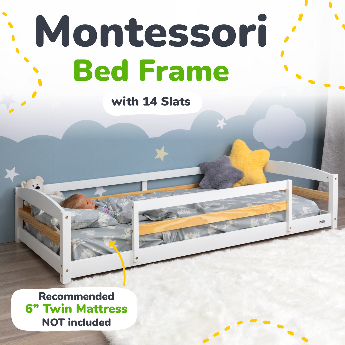 Montessori bed frame with 14 slats and bedding on a light blue wall background.