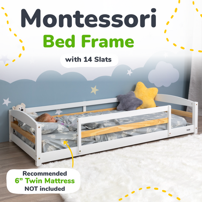 Montessori bed frame with 14 slats and bedding on a light blue wall background.