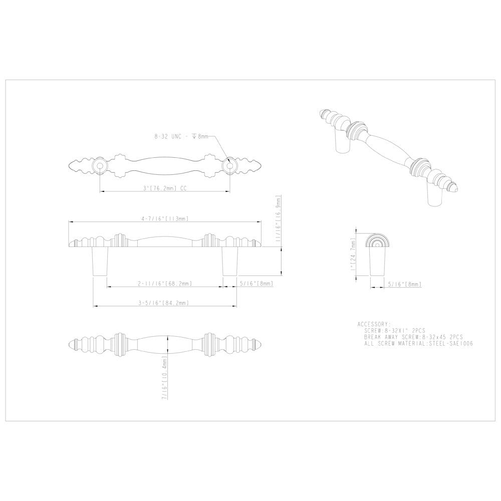 3" Center-to-Center Brushed Antique Brass Baroque Kingsport Cabinet Pull