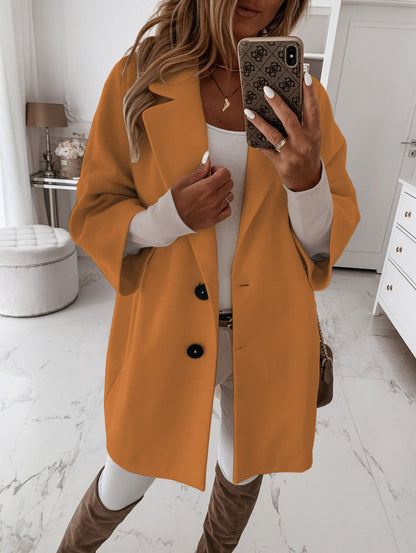 Autumn Winter Three Quarter Sleeve Button Collared Pocket Woolen Coat Women Clothing
