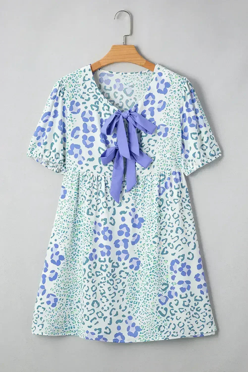 Sky Blue Leopard Bow Front Puff Sleeve Mini Dress
