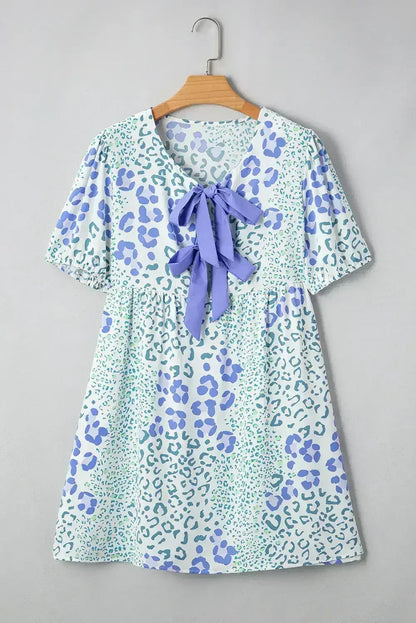 Sky Blue Leopard Bow Front Puff Sleeve Mini Dress