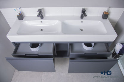 Gala 60" Dark Gray Floating Bathroom Vanity with Porcelain Top & Hidden Drawer