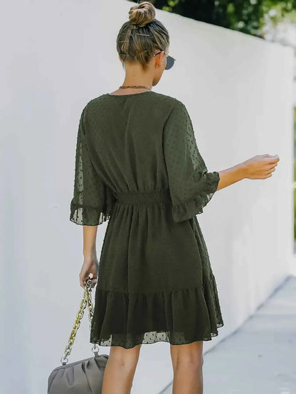 Swiss Dot Dress with Flare Sleeves - Mini Wrap Style