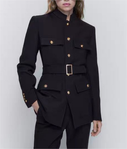 Fall Women Clothing with Belt Button Decoration Slim Fit Figure Flattering Blazer