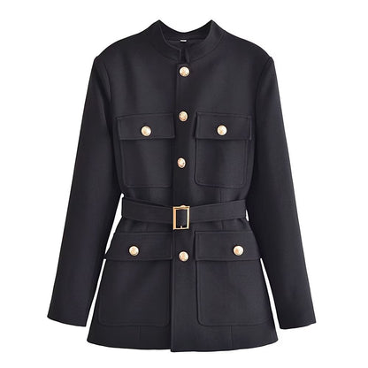 Fall Women Clothing with Belt Button Decoration Slim Fit Figure Flattering Blazer
