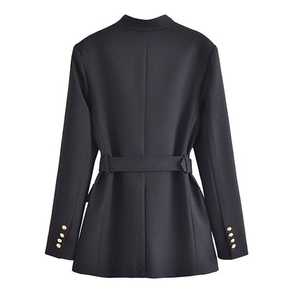 Fall Women Clothing with Belt Button Decoration Slim Fit Figure Flattering Blazer
