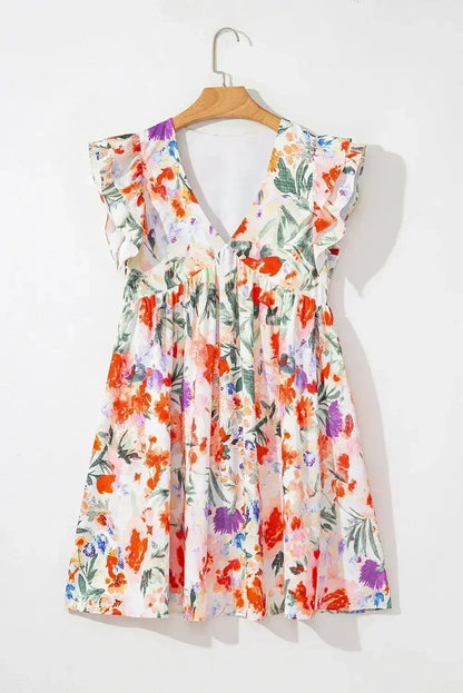 Pink Floral Ruffle Sleeve V Neck High Waist Mini Dress