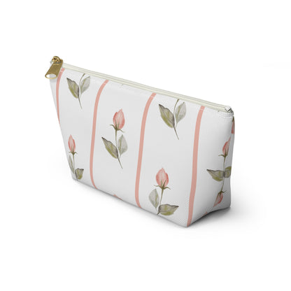 Customizable: Chic Floral Accessory Pouch for Women, Makeup Bag, Travel Toiletry Organizer, Gift for Her, Rose Striped Design