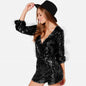 Cool Sequined V-neck Low-Cut Slimming Costumes Dancing Dress Waist-Controlled Long Sleeves Romper
