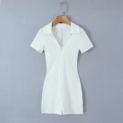 Solid Color Polo Collar Breasted Rib Tight Casual Rompers Basic Shorts