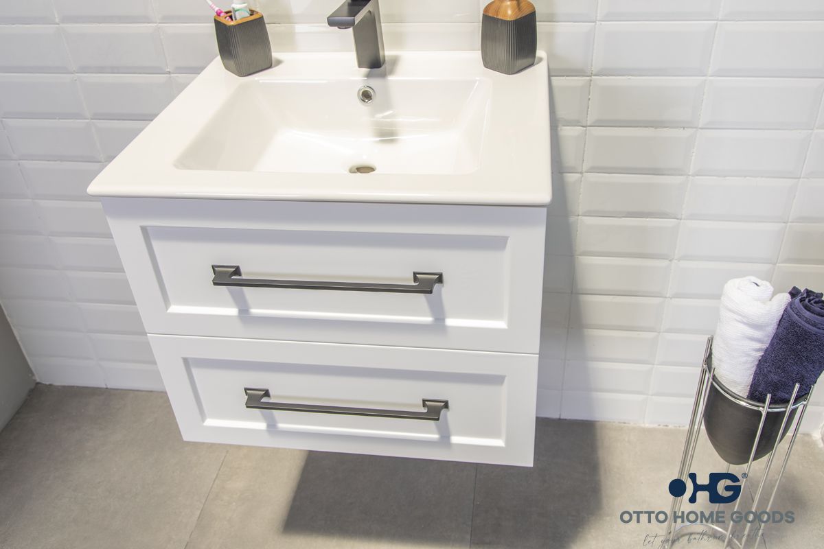 Nova 24" White Floating Bathroom Vanity with Porcelain Top & Black Hardware