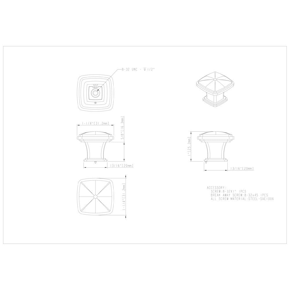 1-1/4" Overall Length Satin Nickel Square Milan 1 Cabinet Knob