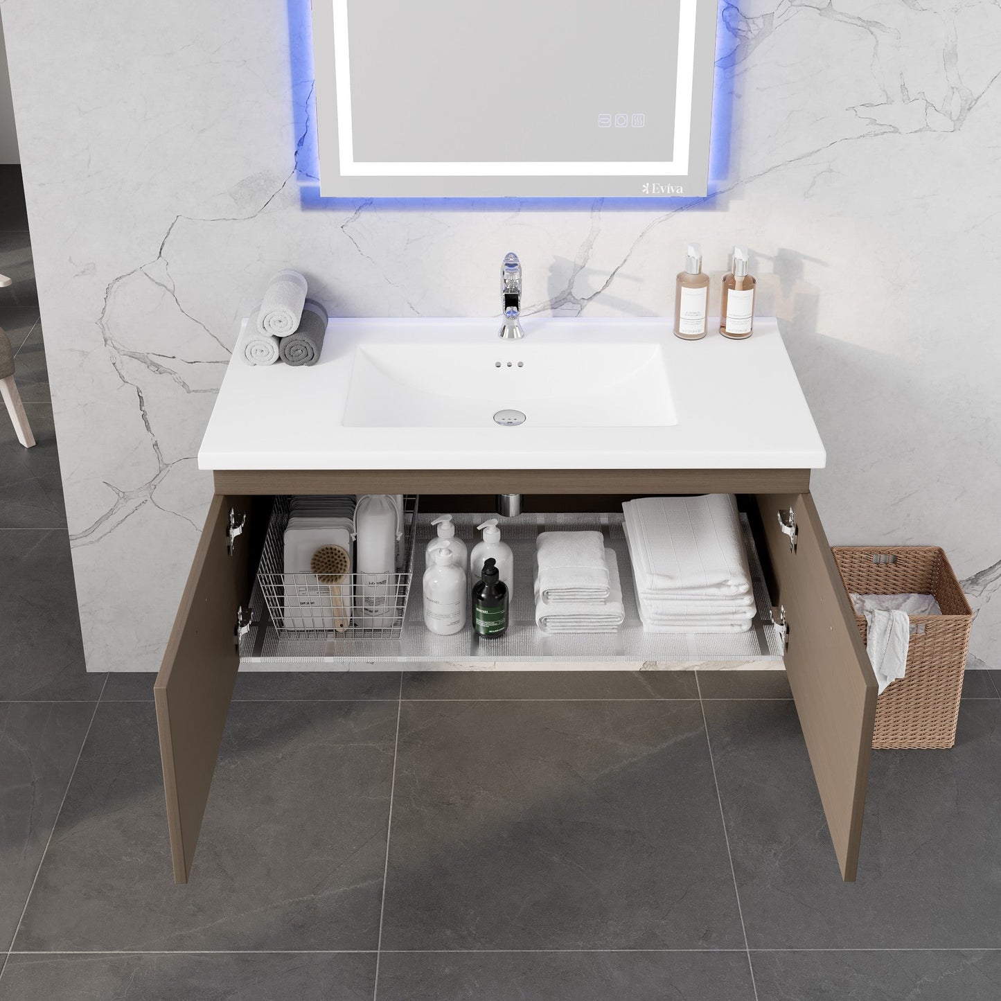 Eviva Orleans Wall Mount Bath Vanity with Porcelain Top and Integrated Sink