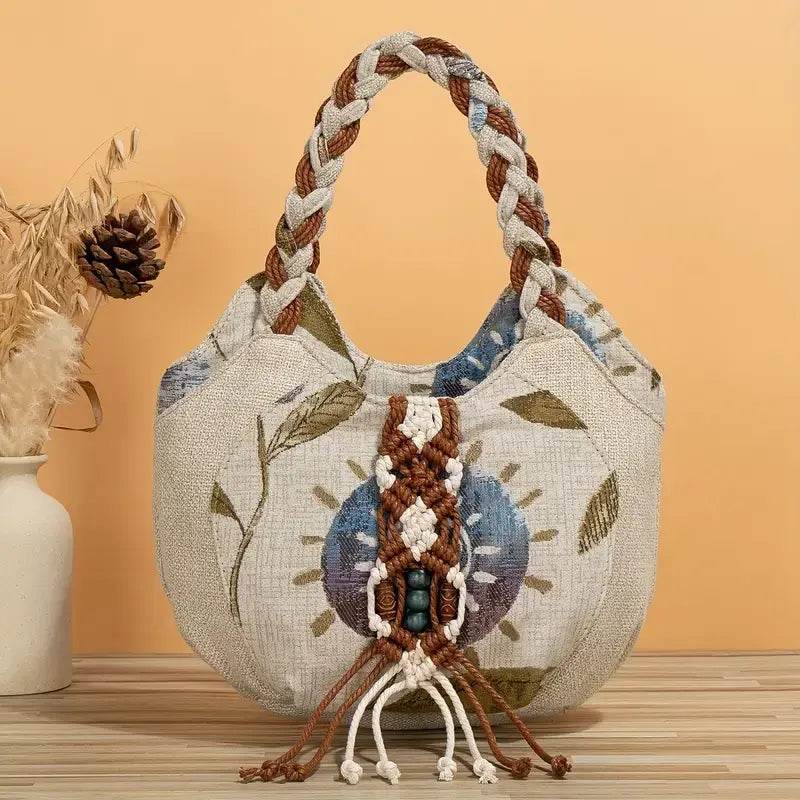 Handmade Bohemian Flower Tote Bag with Foldable Zipper, Shoulder Strap, and Matching Wristlet for Women’s Vacation