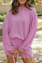 Parchment Corded Knit Long Sleeve Top and High Waist Shorts Set