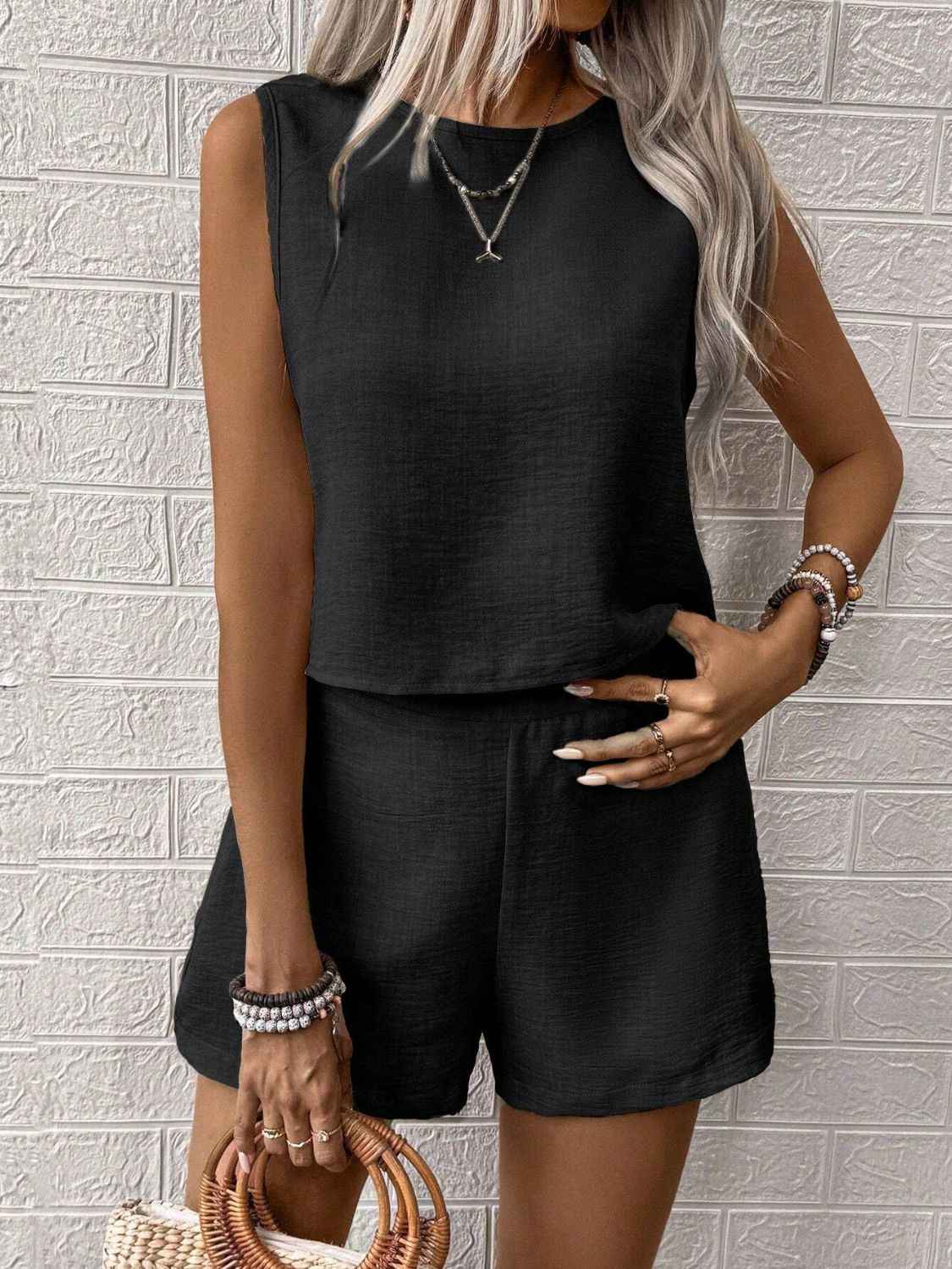 Round Neck Sleeveless Top Set with Shorts for Women