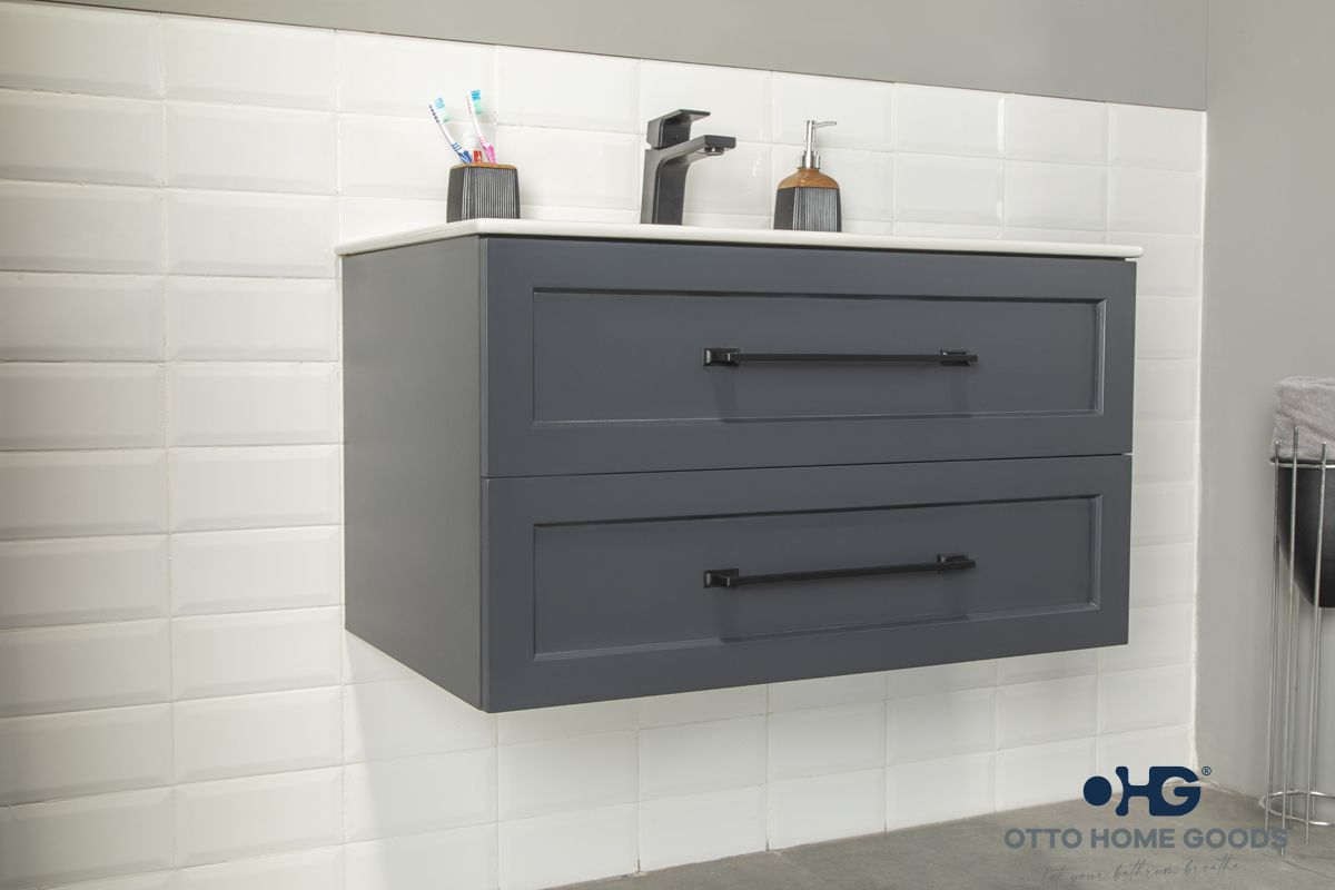 Nova 36" Dark Gray Floating Bathroom Vanity with Porcelain Top & Black Hardware