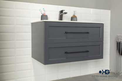 Nova 36" Dark Gray Floating Bathroom Vanity with Porcelain Top & Black Hardware