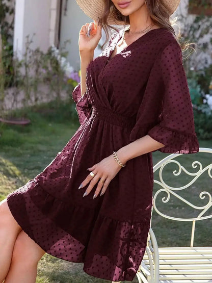 Swiss Dot Dress with Flare Sleeves - Mini Wrap Style
