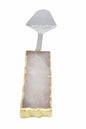 A set of three cake servers with gold trim handles and gemstone accents in amethyst, black quartz, and clear quartz.