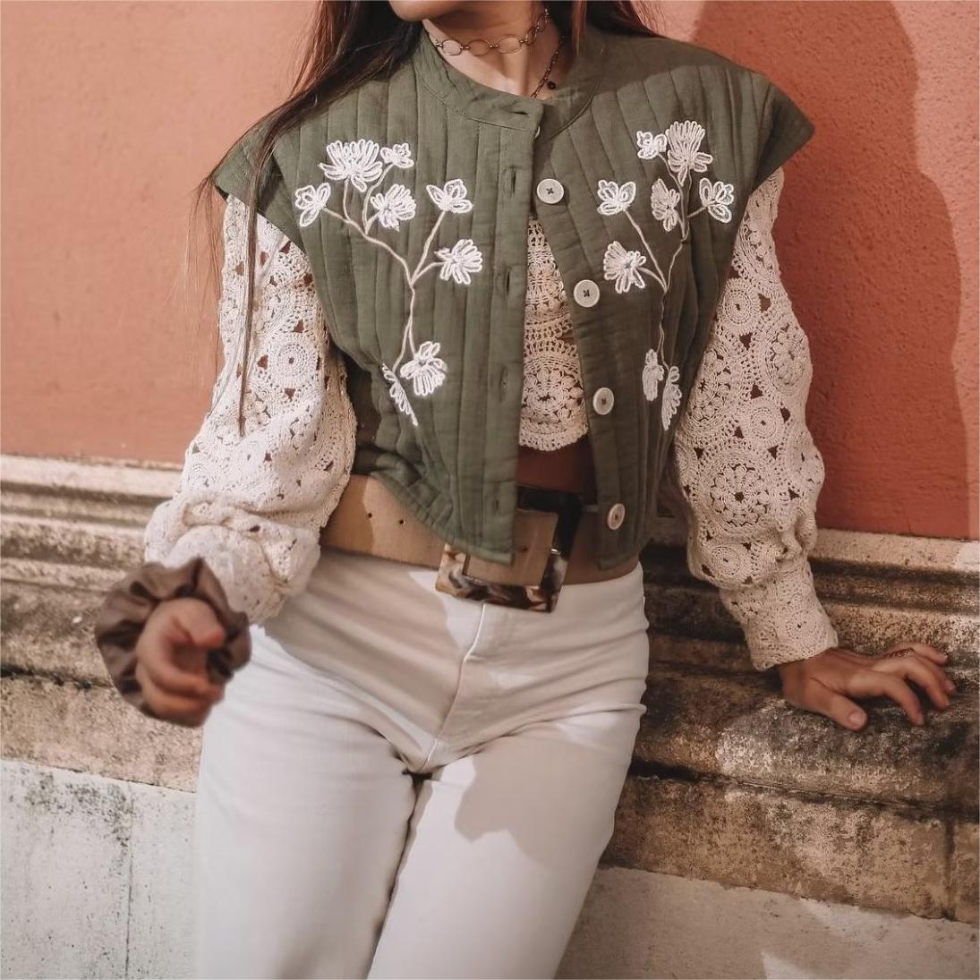 Summer Women Clothing Round Neck Sleeveless Embroidery Cotton Padded Jacket Vest