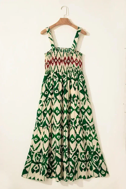 Green Boho Shirred A line Sleeveless Maxi Dress