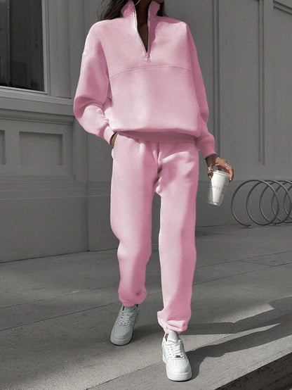 Long-sleeved Sports Sweatsuit Stand-up Collar Zip-up Top And Elastic Band Trousers With Pocket