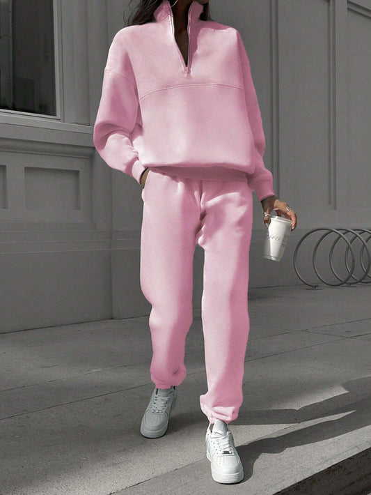 Long-sleeved Sports Sweatsuit Stand-up Collar Zip-up Top And Elastic Band Trousers With Pocket
