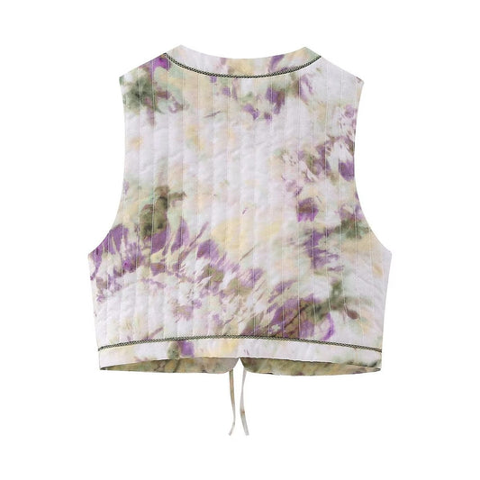 Women Clothing Summer Retro Sleeveless Lace up Vest Tie Dyed Printed Personality Vest Top