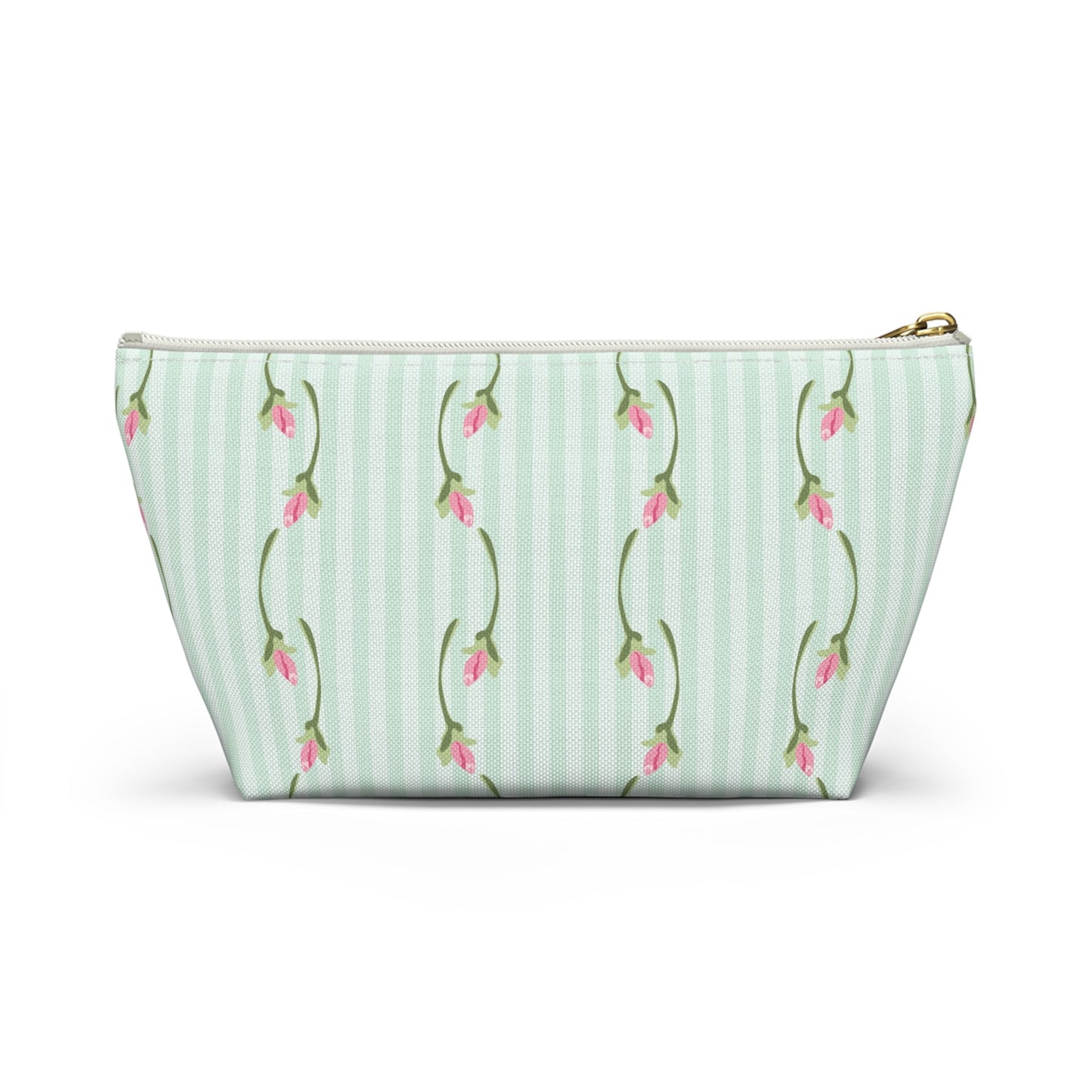 Customizable: Floral Print Accessory Pouch | Cute Makeup Bag, Travel Organizer, Gift for Her, Floral Clutch, Green Striped Bag