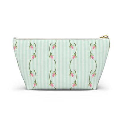 Customizable: Floral Print Accessory Pouch | Cute Makeup Bag, Travel Organizer, Gift for Her, Floral Clutch, Green Striped Bag