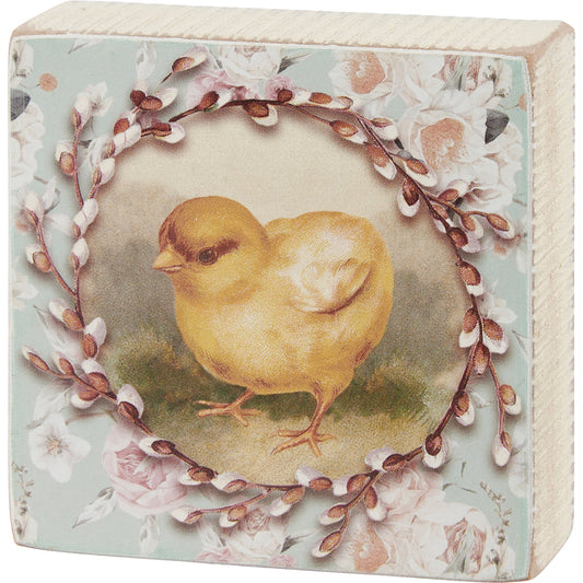 Chick Vintage Wooden Block Sign | Square Easter Spring Wall Desk Decor