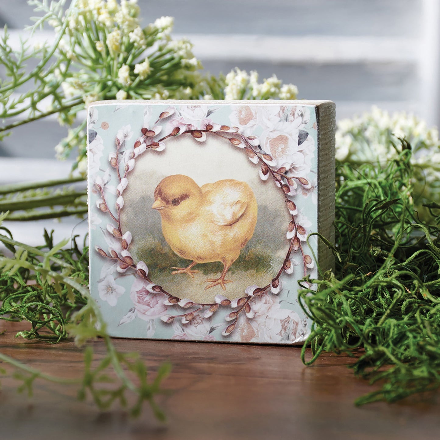 Chick Vintage Wooden Block Sign | Square Easter Spring Wall Desk Decor