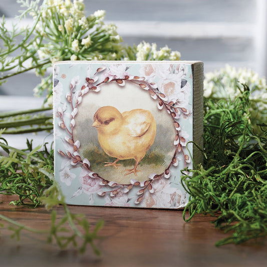 Chick Vintage Wooden Block Sign | Square Easter Spring Wall Desk Decor