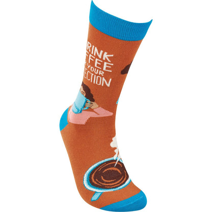 I Drink Coffee For Your Protection Funny Socks in Aqua Blue and Brown