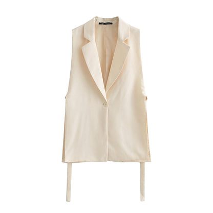 Autumn Solid Color Tied Decorative Split Single Button Vest Blazer Vest