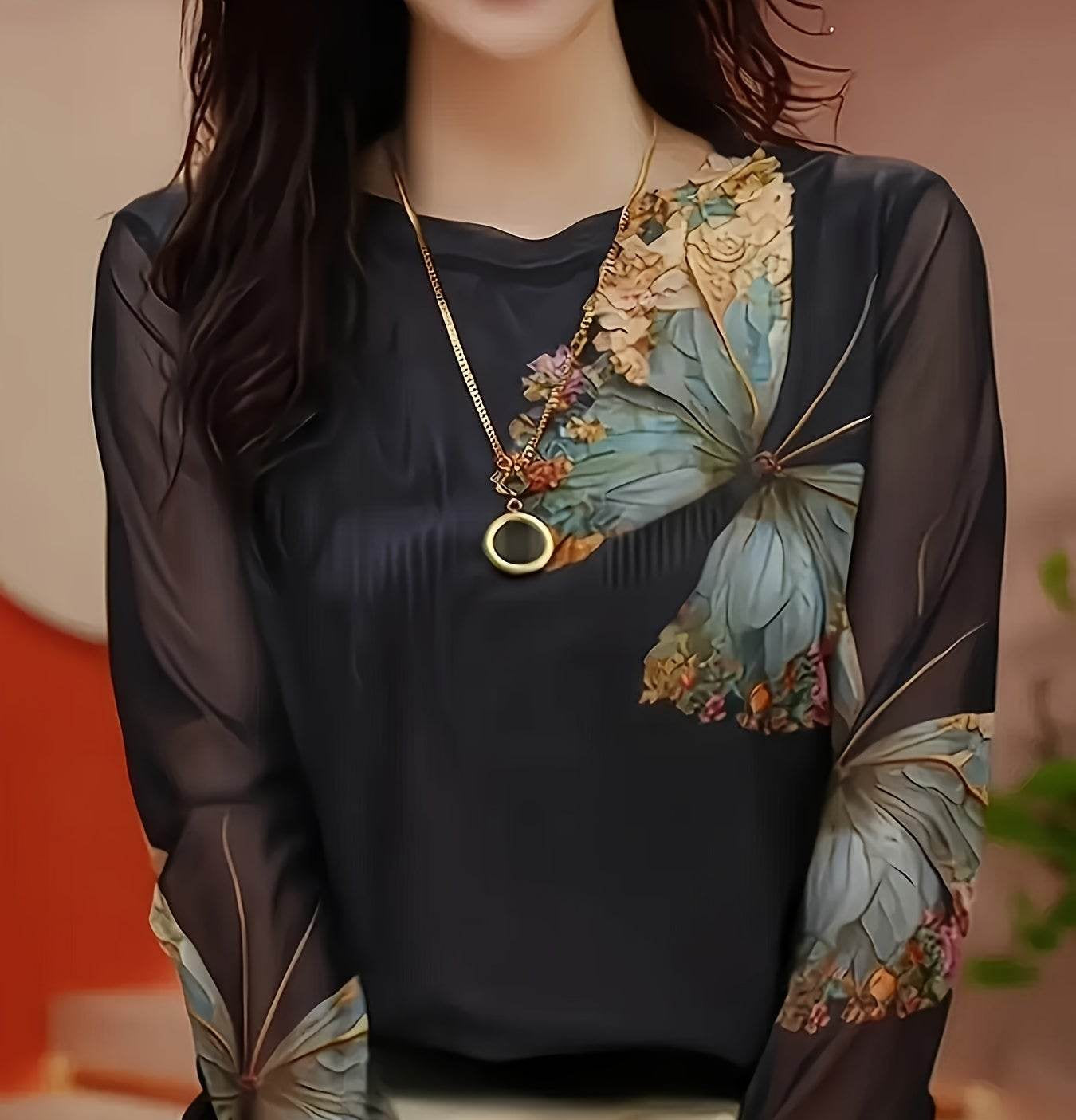 Floral Butterfly Print Women’s Tulle Top Long Sleeve Semi-Sheer Shirt