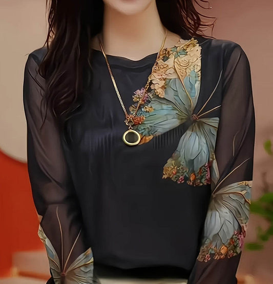 Floral Butterfly Print Women’s Tulle Top Long Sleeve Semi-Sheer Shirt