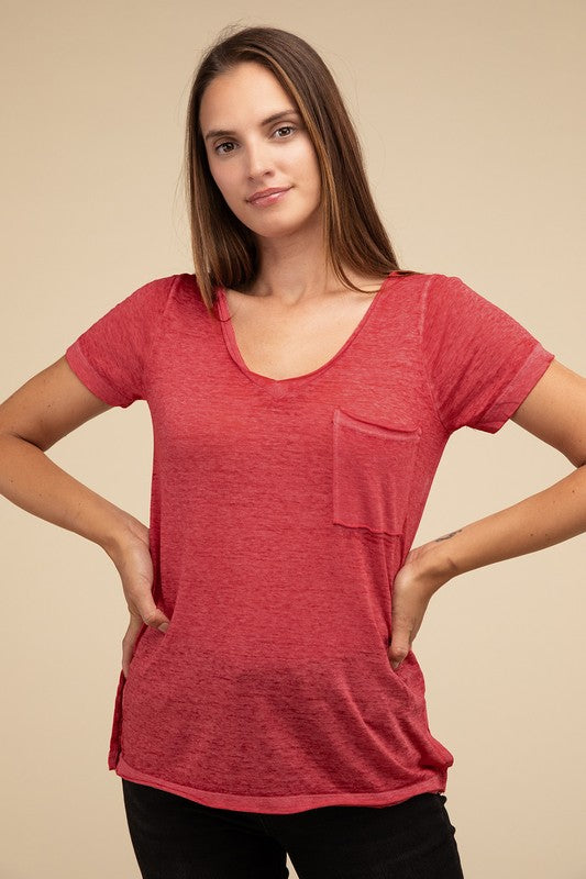 ZENANA Washed Melange Burnout Scoop V-Neck Top