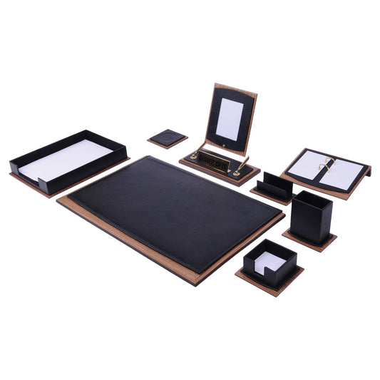 MOOG Star Leather Desk Set -Walnut Wood Combination - Black -11 PCS