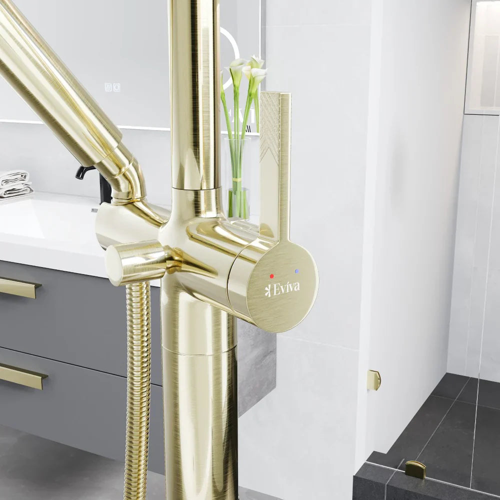 Eviva Modem Single-Handle Freestanding Tub Faucet with Hand Shower – Brushed   Gold