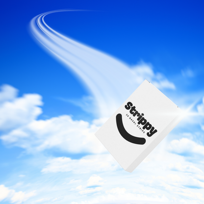 Strippy product with logo against a blue sky background