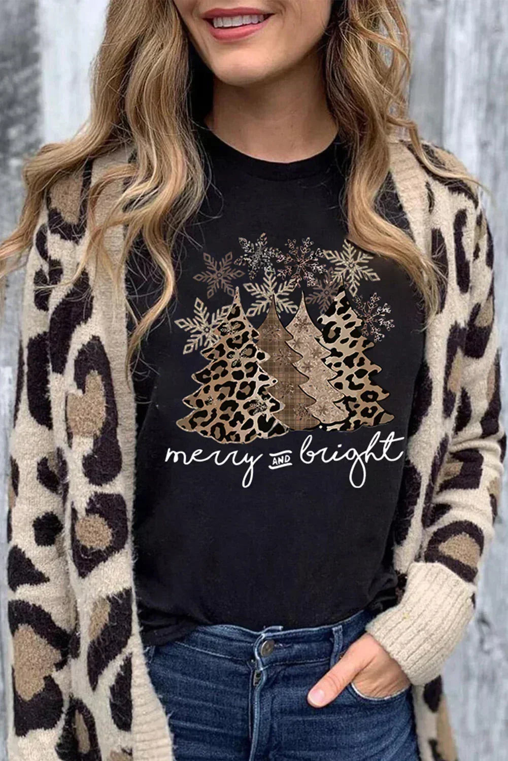 White Leopard Christmas Tree Graphic Tee – Festive & Fierce Crewneck