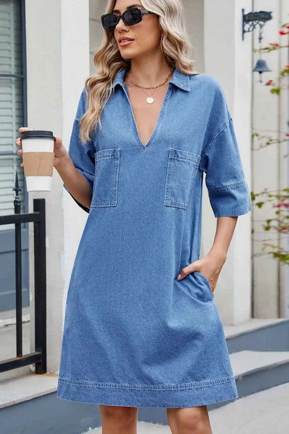 Johnny Collar Denim Dress - Half Sleeve Design