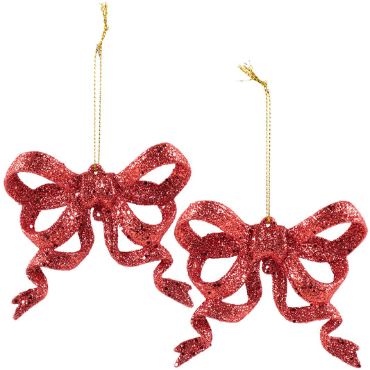 Christmas Carousel Collection - 4" Red Glitter Bow Ornament - SET OF 2