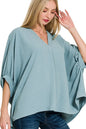 Zenana Woven Airflow V-neck Puff Half Sleeve Top in Blue Grey